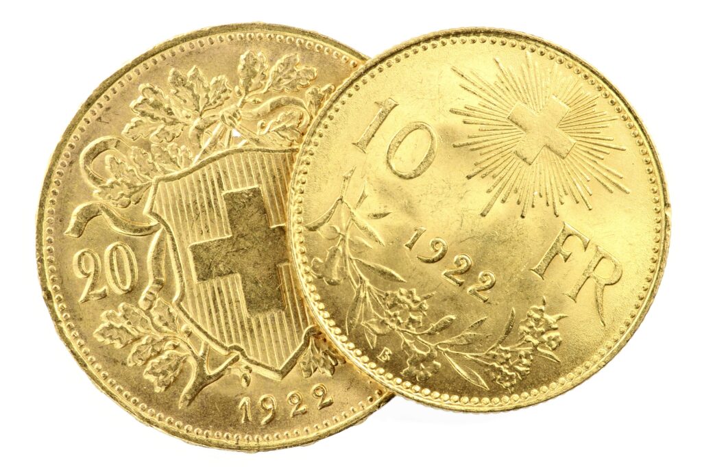 Image of 10 and 20-franc pieces made from gold