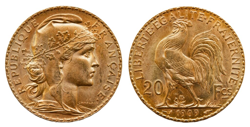 Image of a 20-franc Marianne Coq gold piece from 1909