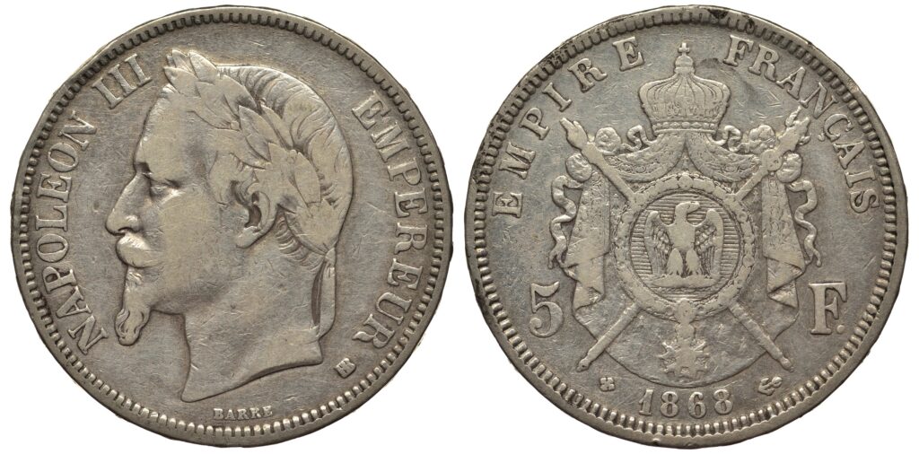 Both sides of a silver 5-franc piece featuring Napoleon III