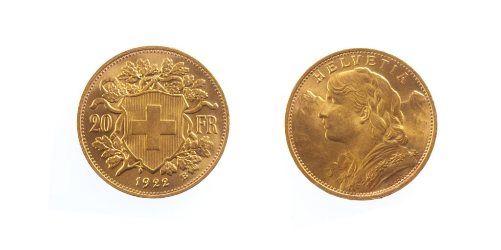 Picture of the front and back of a 20 franc Vreneli gold coin from Switzerland