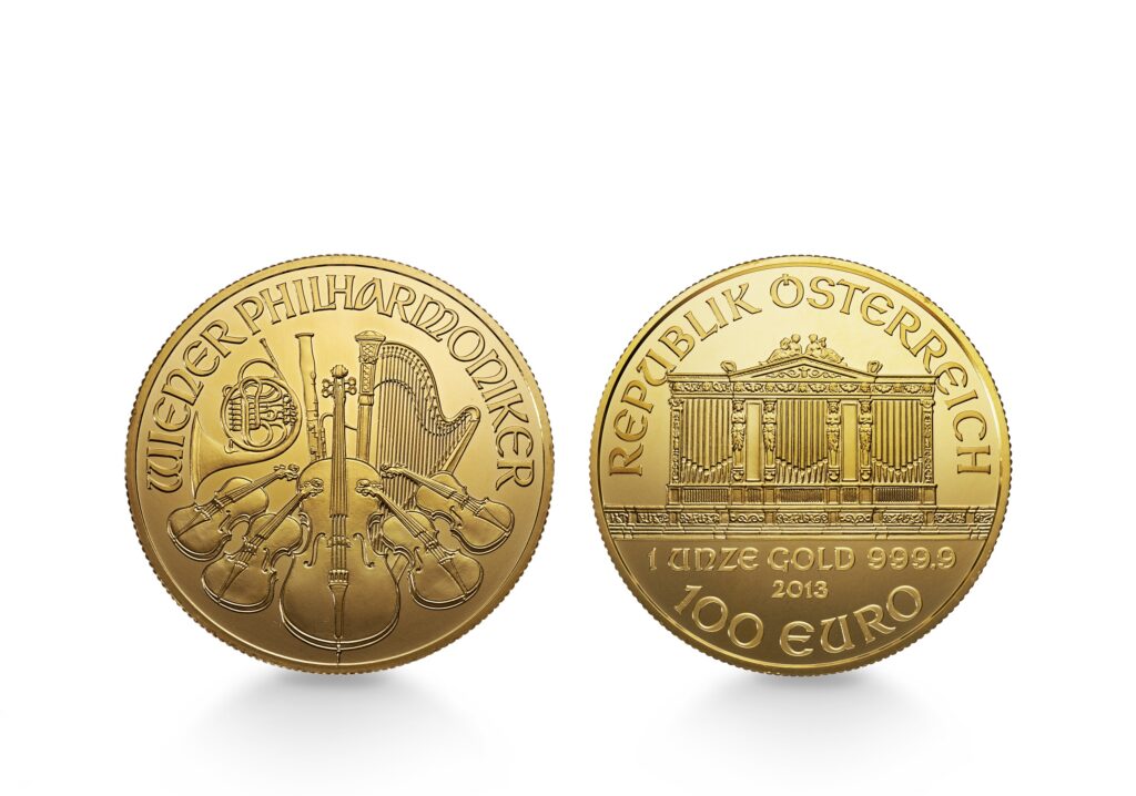 Bild der Vorder- und Rückseite eines Wiener Philharmoniker Goldmünze
