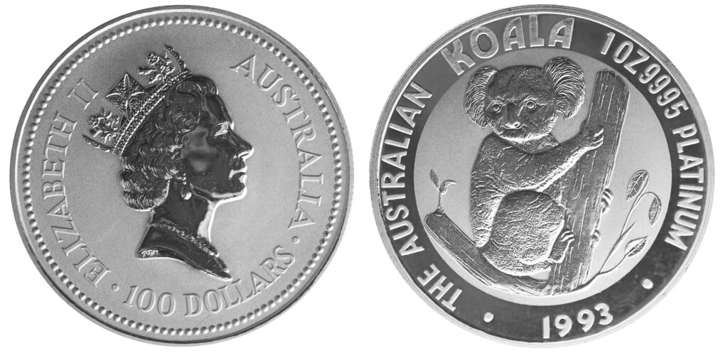 Front and back of a Platinum Koala coin