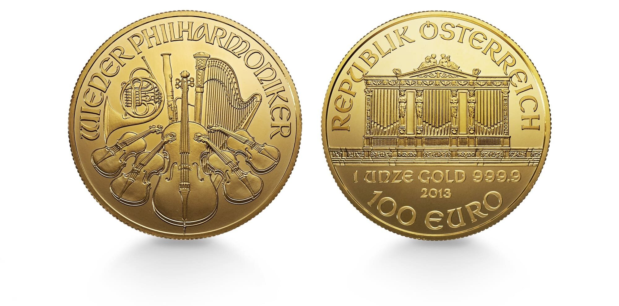 Vorder und Rückseite einer Wiener Philharmoniker Goldmünze