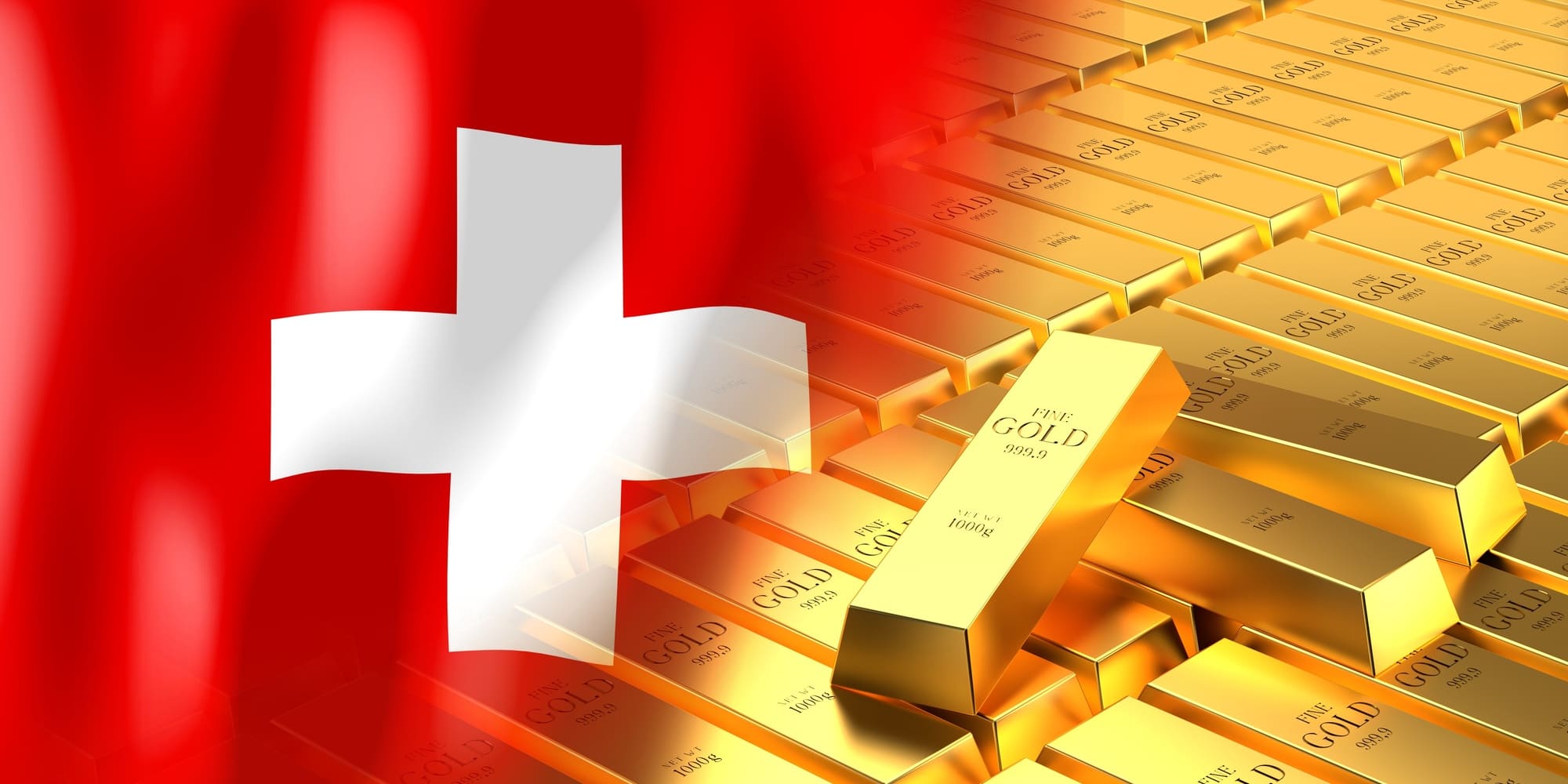 Swiss flag in front of a collection of gold bars