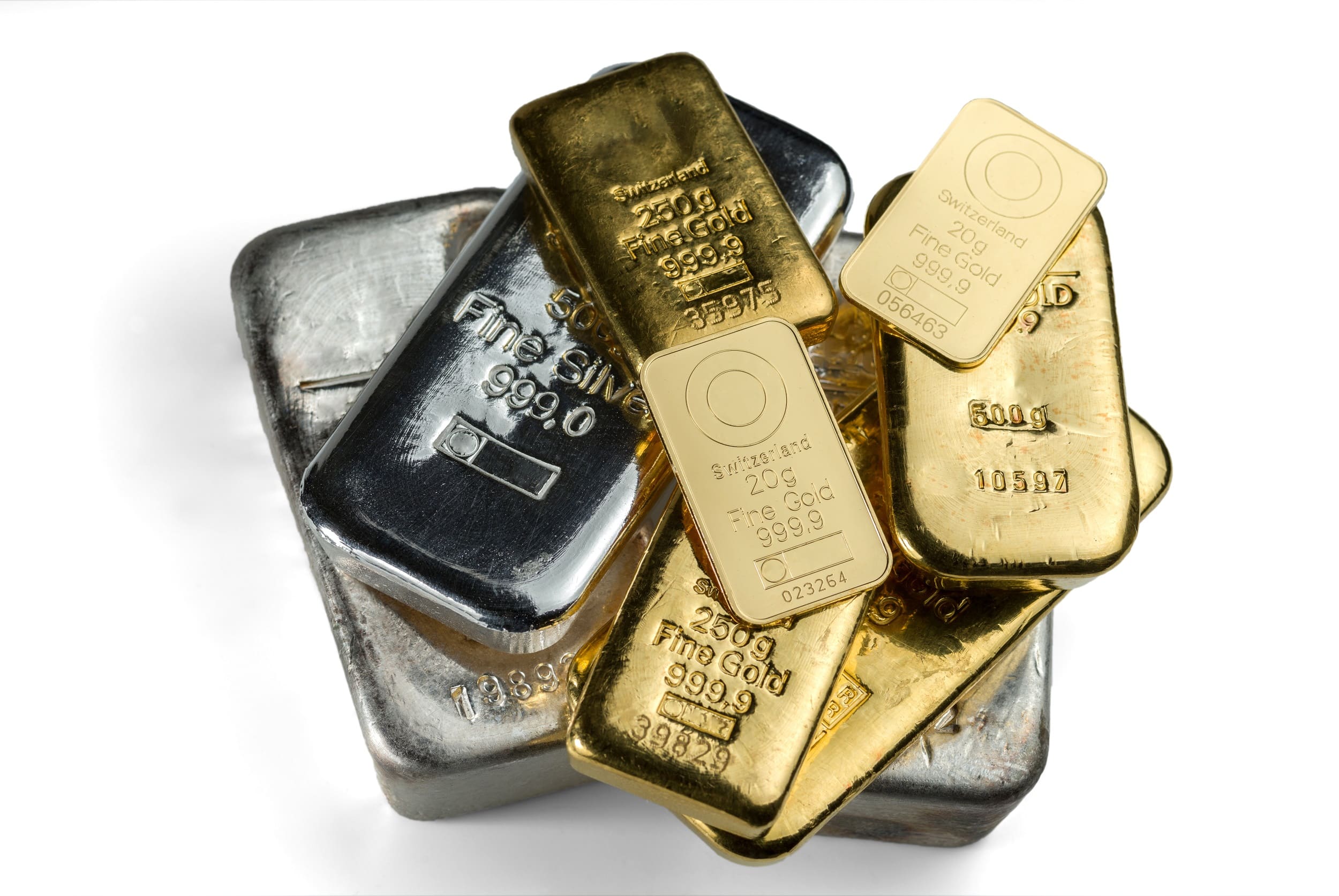 Various gold and silver bars against a white background