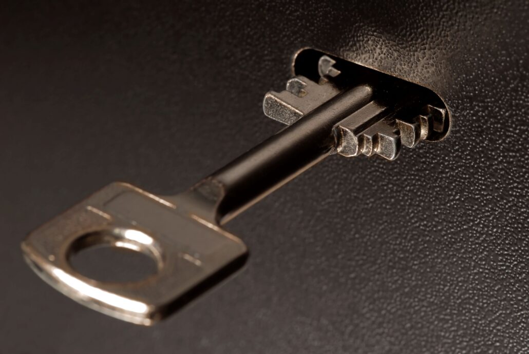 safe deposit box key which is inserted into the lock