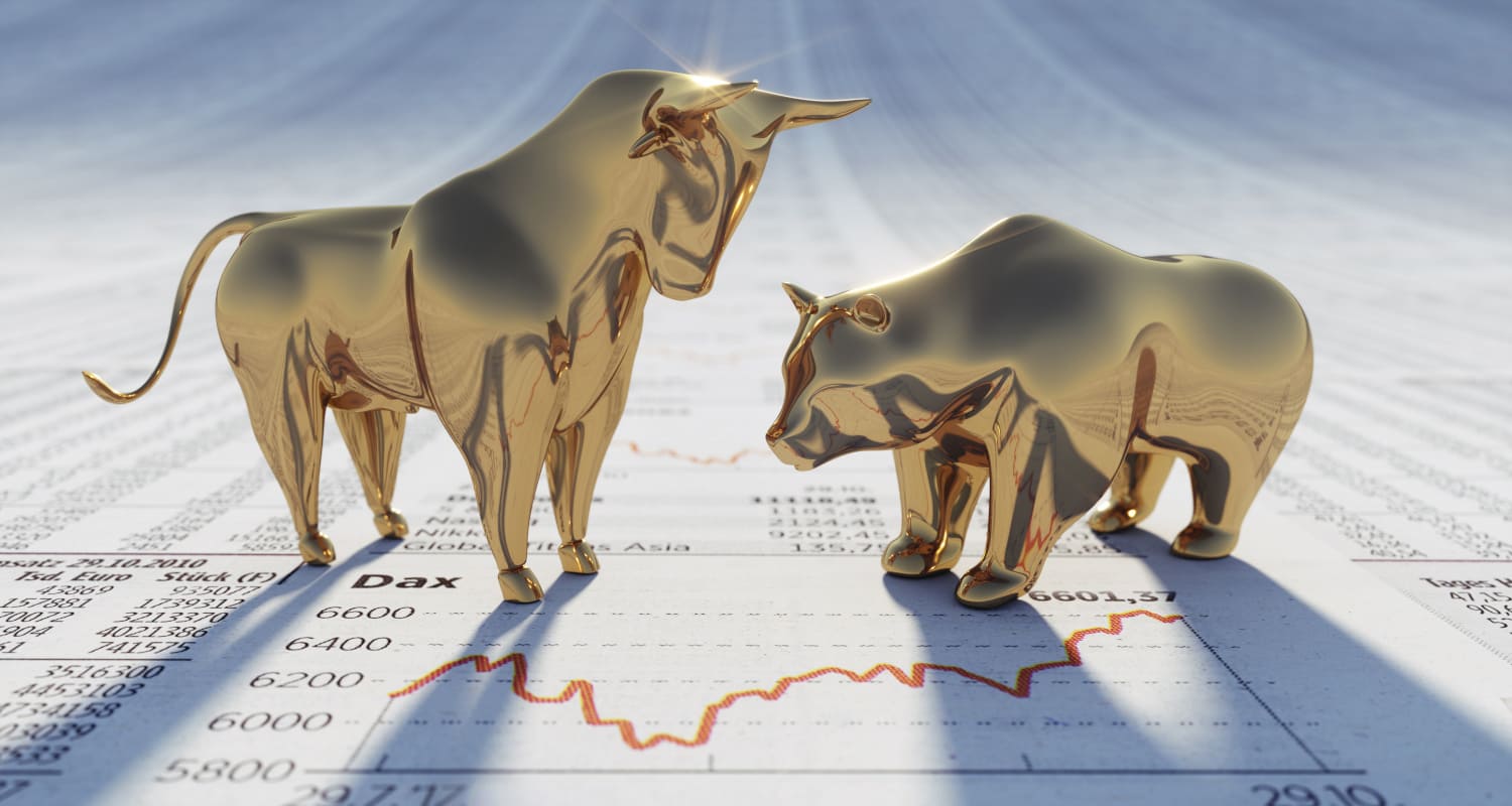 Bull and bear on a sheet on which a price is plotted. As a symbol for the market price of precious metals.