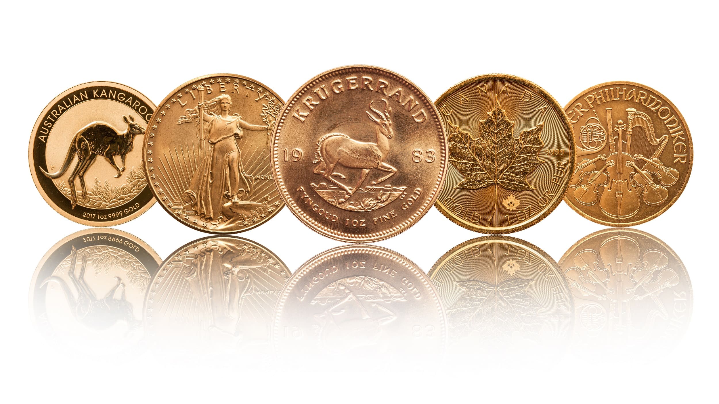 Image of various investment gold coins such as Krugerrand, Philharmonic and Maple Leaf