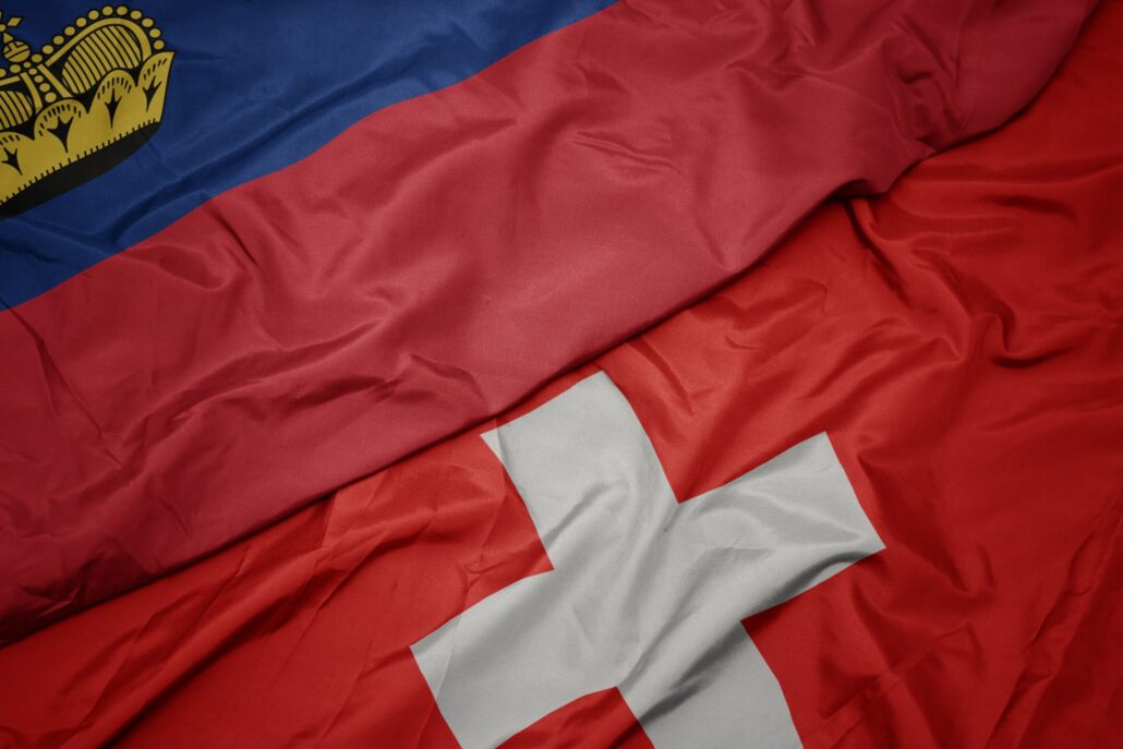 Picture with a flag of Liechtenstein and a flag of Switzerland