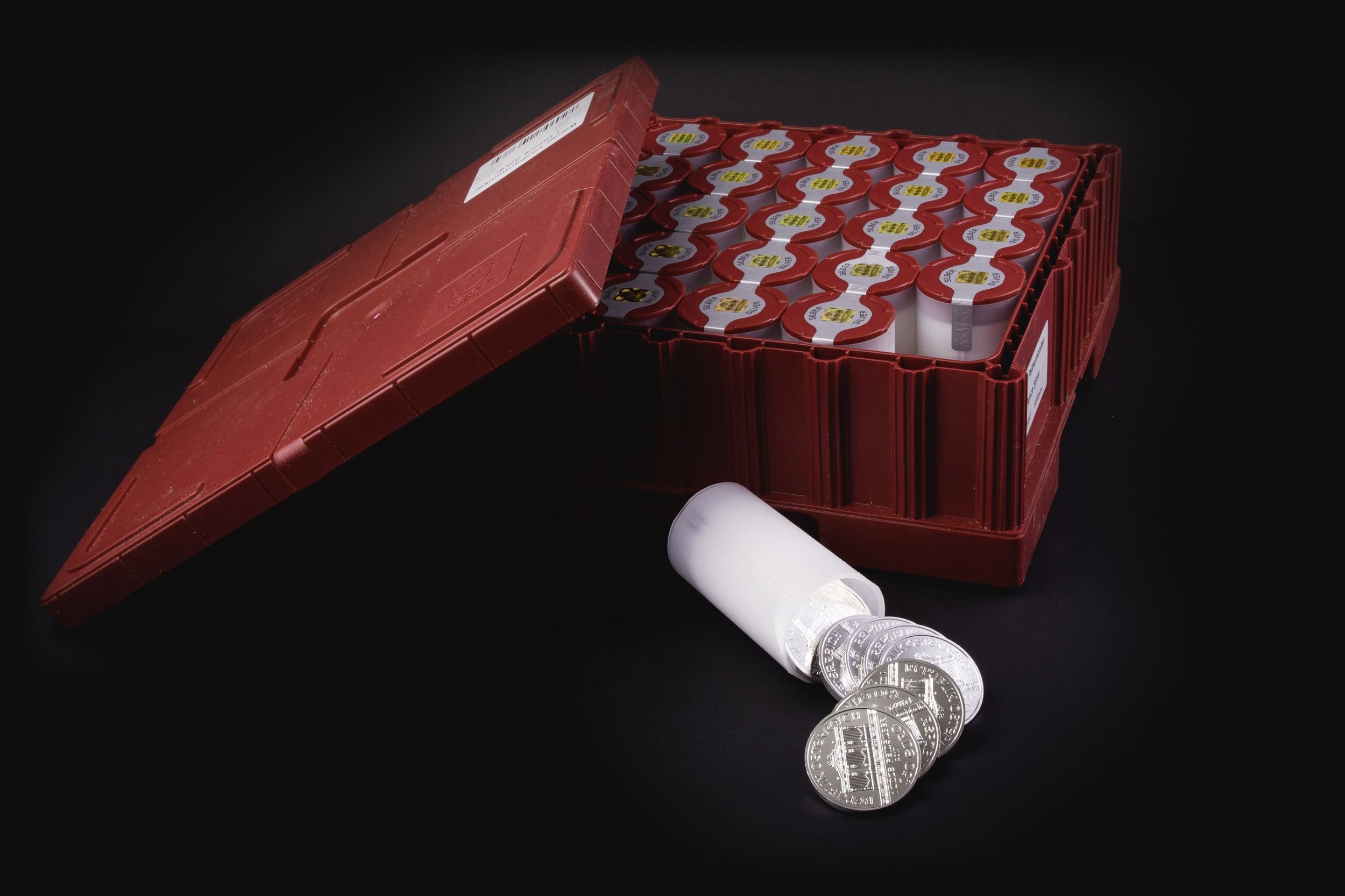 Master box containing Vienna Philharmonic tubes against a black background