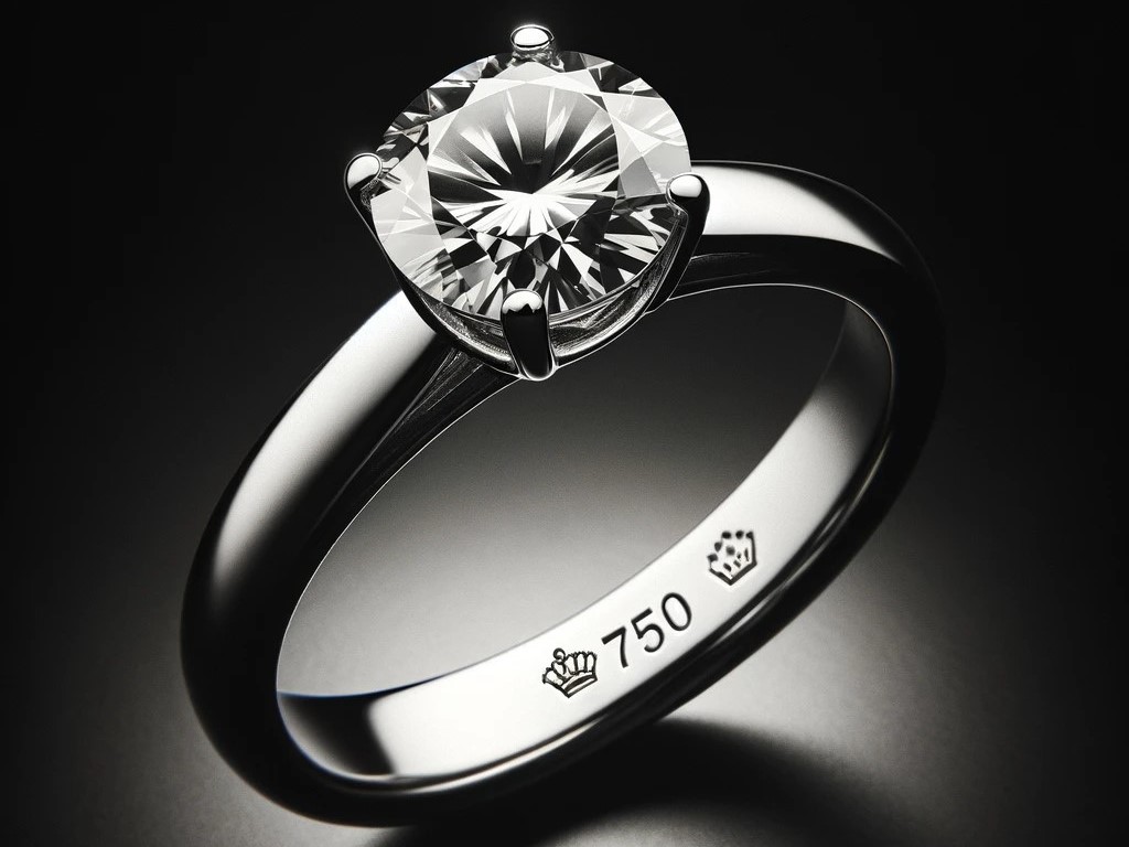 Diamond solitaire ring in white gold against a black background