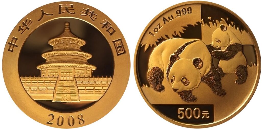 Front and back of a China Panda coin made of gold