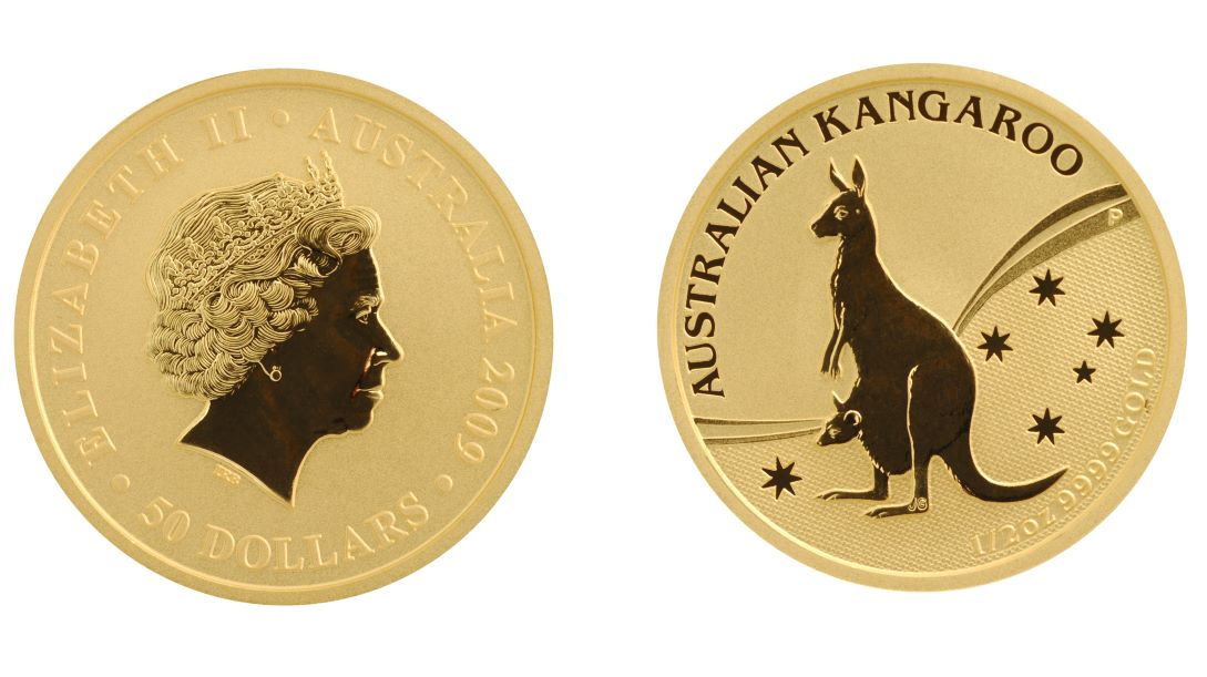 Front and back of a Australian Kangaroo coin made of gold