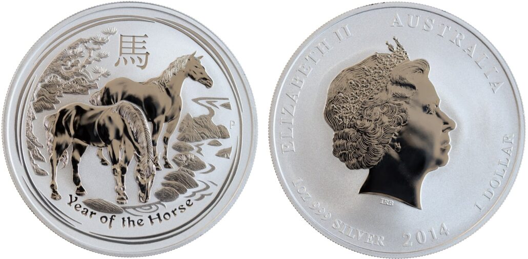 Obverse and reverse of a 2014 Year of the Horse silver lunar coin